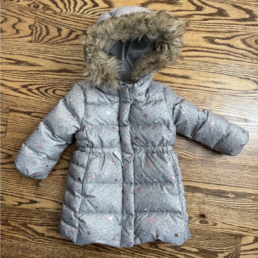Gap Gray Puffer Coat with Faux Fur Hood